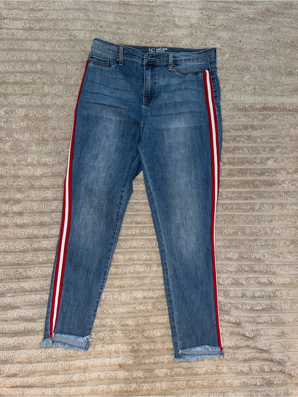 NOBO Mid-Blue Skinny Jeans with Red and White Side Stripes